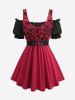 Floral Mesh Flocking Lace Up 2 in 1 Top with PU Belt and Layered Skull Skirt Plus Size Outfit -  