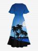 Plus Size Coconut Tree Sea Beach Ombre Galaxy Moon Print Hawaii Split Pocket A Line Midi Dress -  