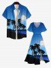 Plus Size Coconut Tree Sea Beach Ombre Galaxy Moon Print Hawaii Split Pocket A Line Midi Dress -  