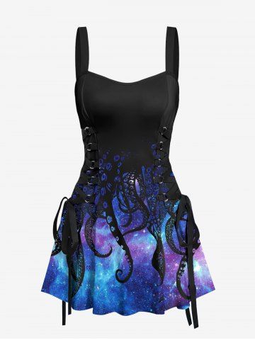 Galaxy Ombre Octopus Print Lace Up Tank Dress - BLACK - XS