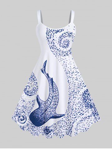 Plus Size Shark Spiral Sea Waves Print Hawaii Sea Creatures A Line Tank Dress - MULTI-A - 1X