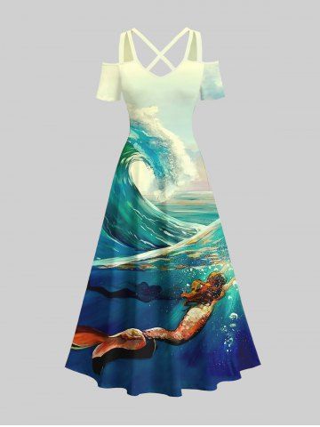 Plus Size Cold Shoulder Mermaid Sea Waves Ombre Sky Print Hawaii Crisscross A Line Maxi Dress - MULTI-A - XS