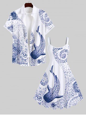 Shark Spiral Sea Waves Print Plus Size Matching Hawaii Sea Creatures Beach Outfit For Couples - MULTI-A