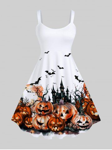 Plus Size Halloween Costume Pumpkin Bat Tree Castle Print Tank Dress - WHITE - S