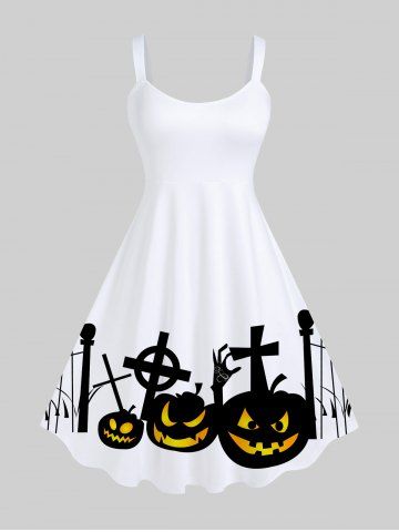 Plus Size Halloween Costume Pumpkin Cross Skeleton Claw Print Tank Dress - WHITE - 5X