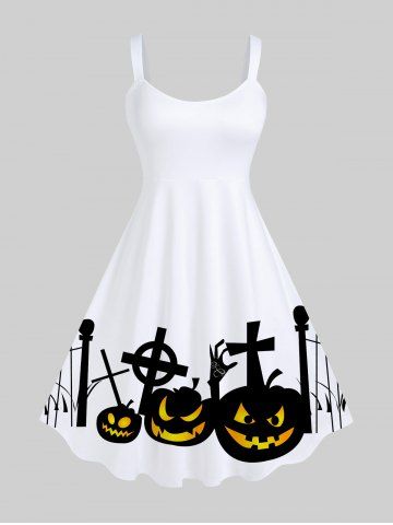 Plus Size Halloween Costume Pumpkin Cross Skeleton Claw Print Tank Dress - WHITE - 6X