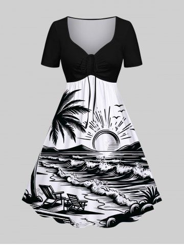 Plus Size Coconut Tree Sun Sea Waves Bird Chairs Print Cinched Hawaii Dress - BLACK - M