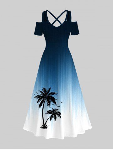 Plus Size Ombre Coconut Tree Bird Print Cold Shoulder Crisscross Hawaii Maxi Dress - BLUE - XS