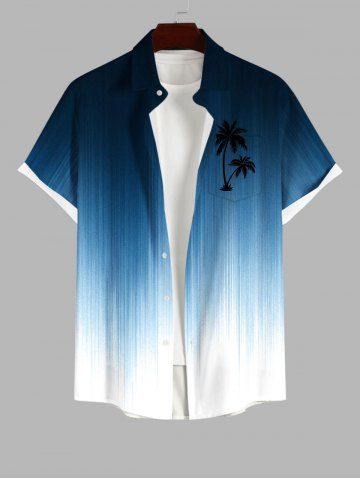 Plus Size Ombre Coconut Tree Print Buttons Pocket Hawaii Shirt For Men - BLUE - L