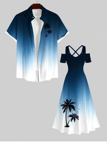 Ombre Coconut Tree Bird Print Plus Size Matching Hawaii Beach Outfit For Couples - BLUE