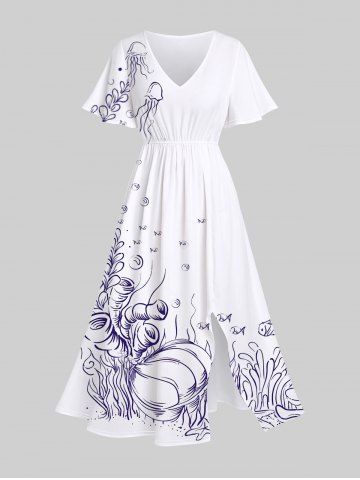 Plus Size Waterweed Starfish Fish Seabed Sailor Print Hawaii Split Pocket A Line Midi Dress - WHITE - S