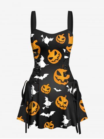 Halloween Costume Pumpkin Bat Wizard Print Lace Up Tank Dress - BLACK - S