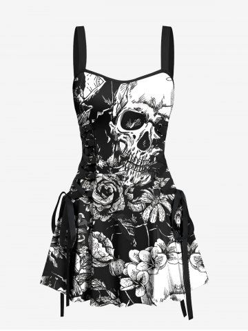 Halloween Skull Rose Flowers Print Lace Up Tank Dress - BLACK - XS