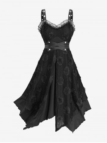 Gothic Plus Size Rose Flower Appliques Sheer Lace Trim PU Leather Waist Ruffles Asymmetrical Tank Dress - BLACK - L | US 12