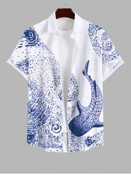Plus Size Shark Spiral Sea Waves Print Hawaii Sea Creatures Button Pocket Shirt For Men -  