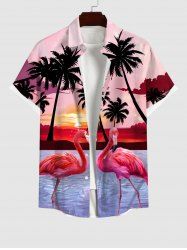 Plus Size Coconut Tree Sun Ombre Sky Dusk Flamingo Sea Print Hawaii Button Pocket Shirt For Men -  