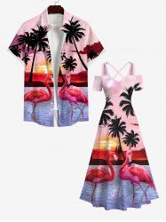 Coconut Tree Sun Ombre Sky Dusk Flamingo Sea Print Plus Size Matching Hawaii Beach Outfit For Couples -  