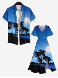 Coconut Tree Sea Beach Ombre Galaxy Moon Print Plus Size Matching Hawaii Beach Outfit For Couples -  