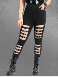 Gothic Cut Out Strap Buckle Grommet Pockets Solid Skinny Pants -  