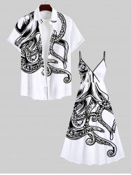 Two Tone Octopus Print Plus Size Matching Beach Outfit For Couples -  