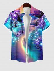 Plus Size Tree Galaxy Aurora Glitter 3D Print Buttons Pocket Hawaii Shirt For Men -  