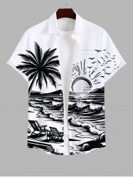Plus Size Coconut Tree Sun Sea Waves Bird Chairs Print Buttons Pocket Hawaii Shirt For Men -  