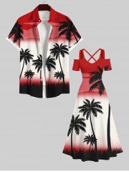 Ombre Colorblock Coconut Tree Print Plus Size Matching Hawaii Beach Outfit For Couples -  