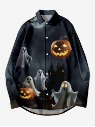 Plus Size Pumpkin Lantern Ghost Moon Tree Castle Midnight Print Halloween Button Shirt For Men -  
