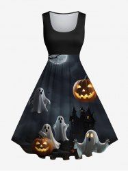Plus Size Pumpkin Lantern Ghost Moon Tree Castle Midnight Print Halloween Costume Vintage Swing A Line Dress -  