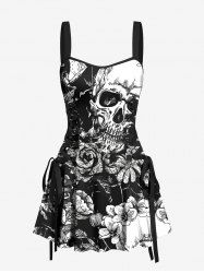 Robe Débardeur avec Lacets et à Imprimé Crâne et Roses pour Halloween - Noir XL