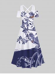 Plus Size Cold Shoulder Bird Tree Branch Leaf Sea Fish Two Tone Print Hawaii Crisscross A Line Maxi Dress -  