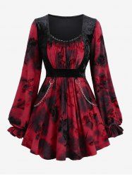 Plus Size Poet Sleeves Floral Flocking Tie Dye Ruched Bust Lace Trim Patchwork Velvet Chain Top -  