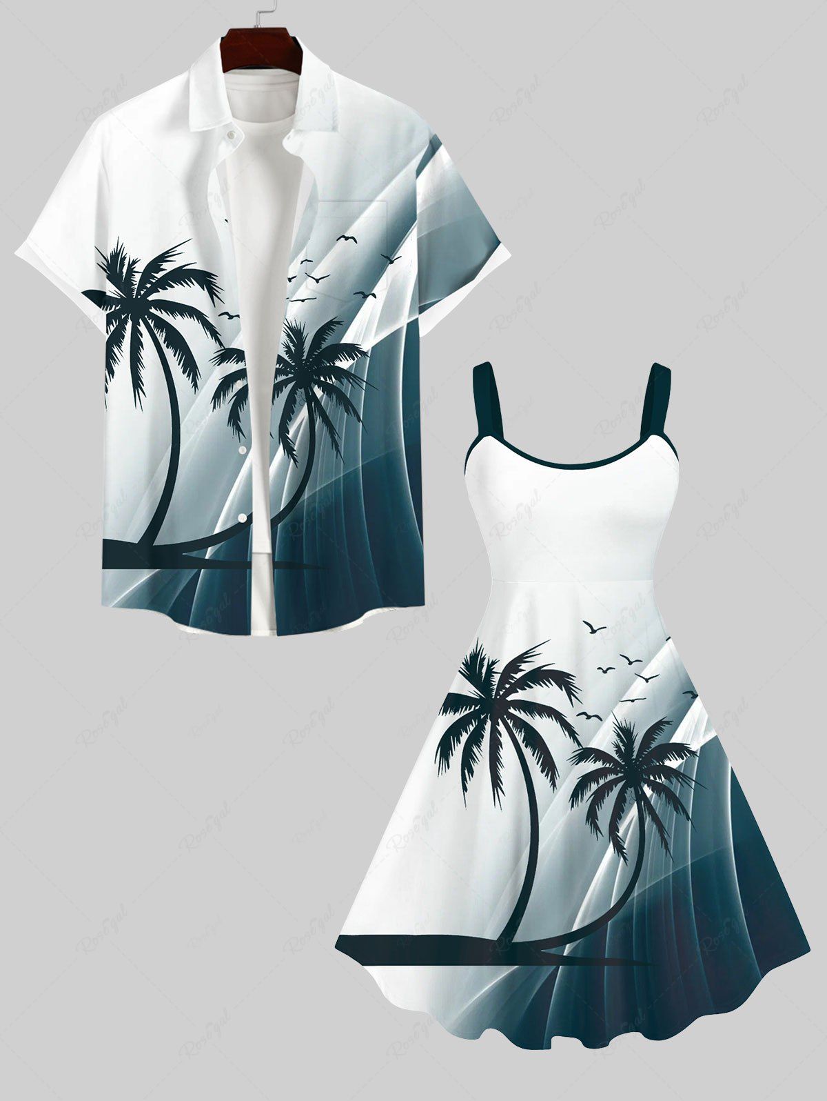Shops Coconut Tree Bird Ombre Colorblock Light Beam 3D Print Plus Size Matching Hawaii Beach Outfit For Couples  
