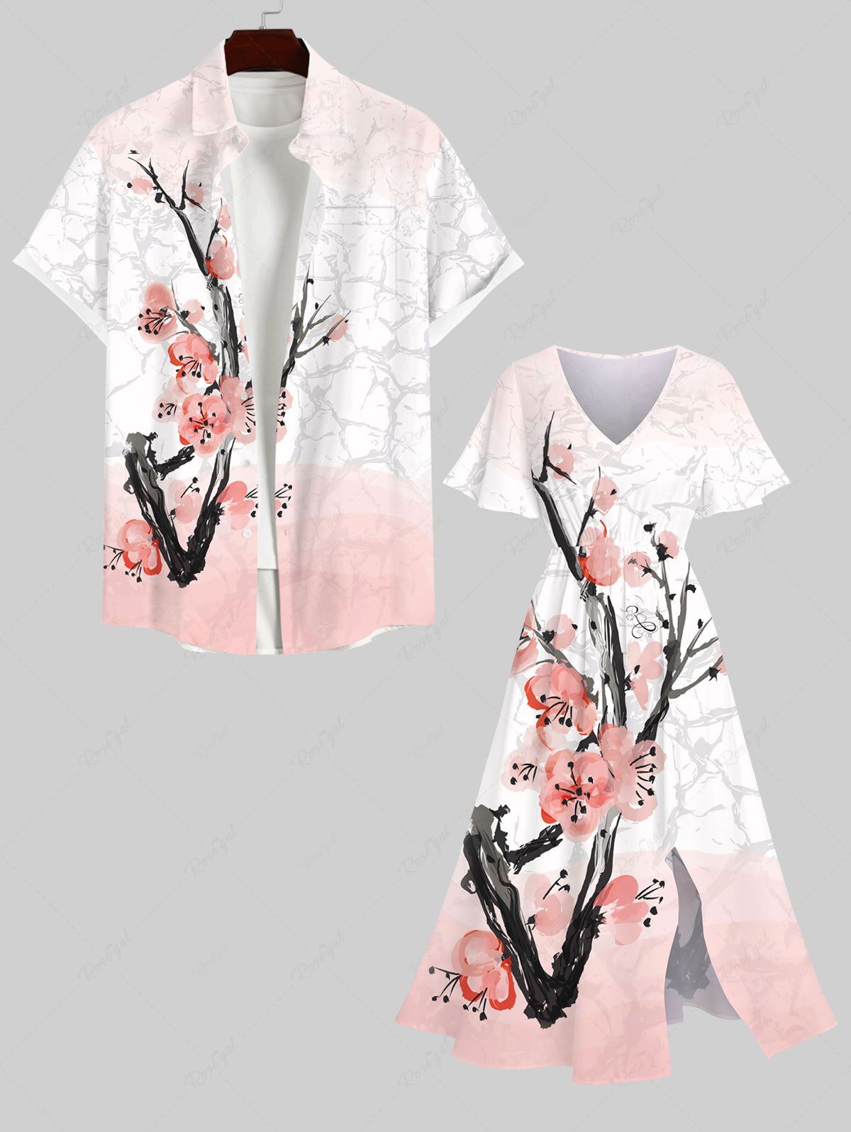Sale Chinese Style Peach Blossom Branched Ombre Colorblock Print Plus Size Matching Hawaii Beach Outfit For Couples  