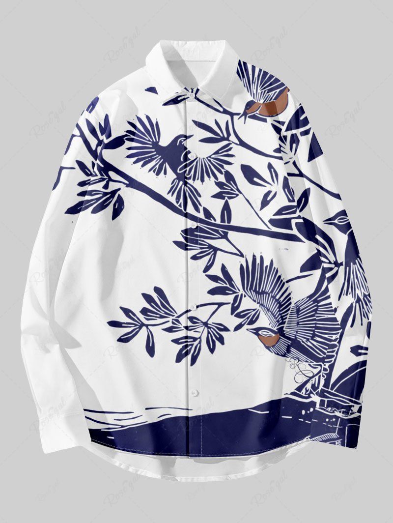 Best Plus Size Bird Branch Leaf Sea Two Tone Print Hawaii Button Shirt For Men  