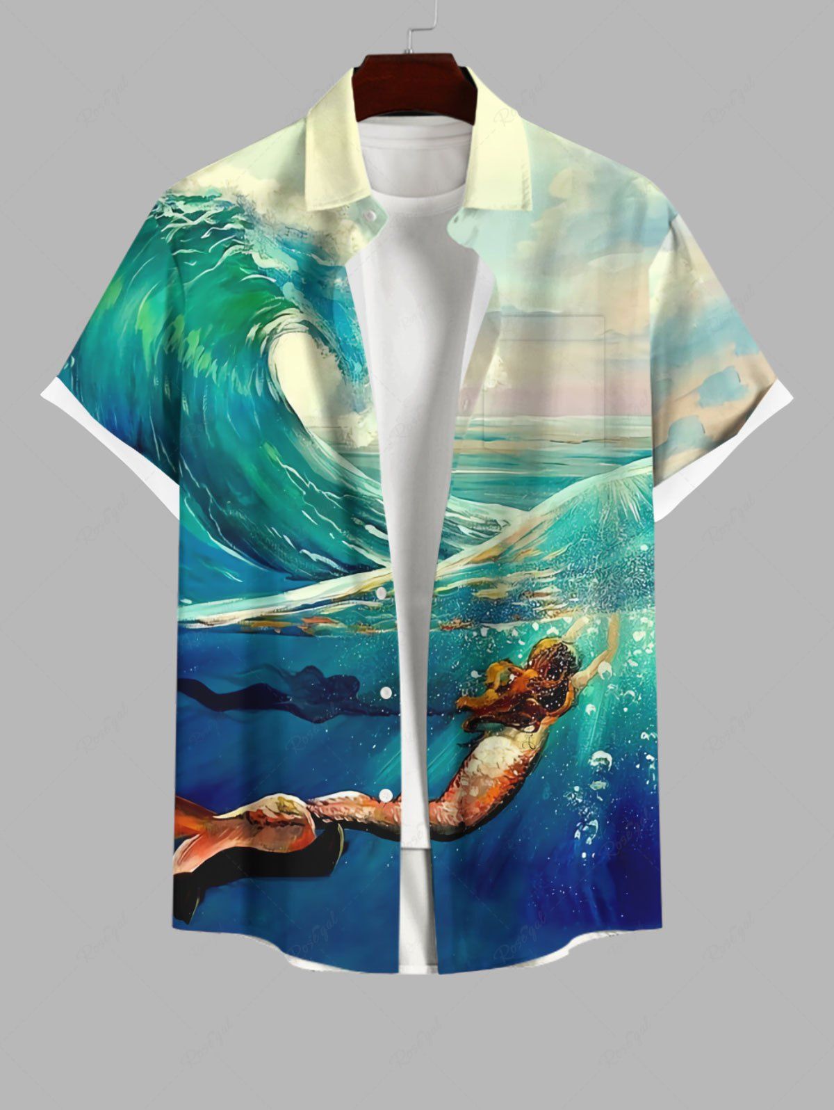 Shop Plus Size Mermaid Sea Waves Ombre Sky Print Hawaii Button Pocket Shirt For Men  