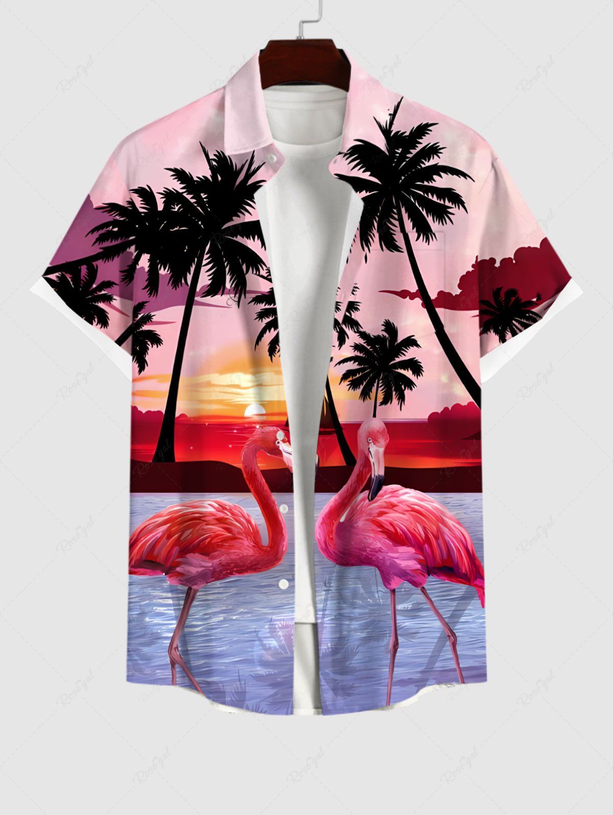 Hot Plus Size Coconut Tree Sun Ombre Sky Dusk Flamingo Sea Print Hawaii Button Pocket Shirt For Men  