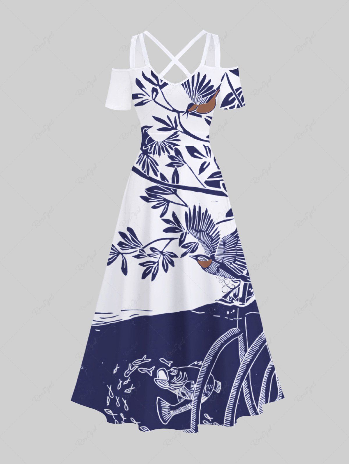 Store Plus Size Cold Shoulder Bird Tree Branch Leaf Sea Fish Two Tone Print Hawaii Crisscross A Line Maxi Dress  