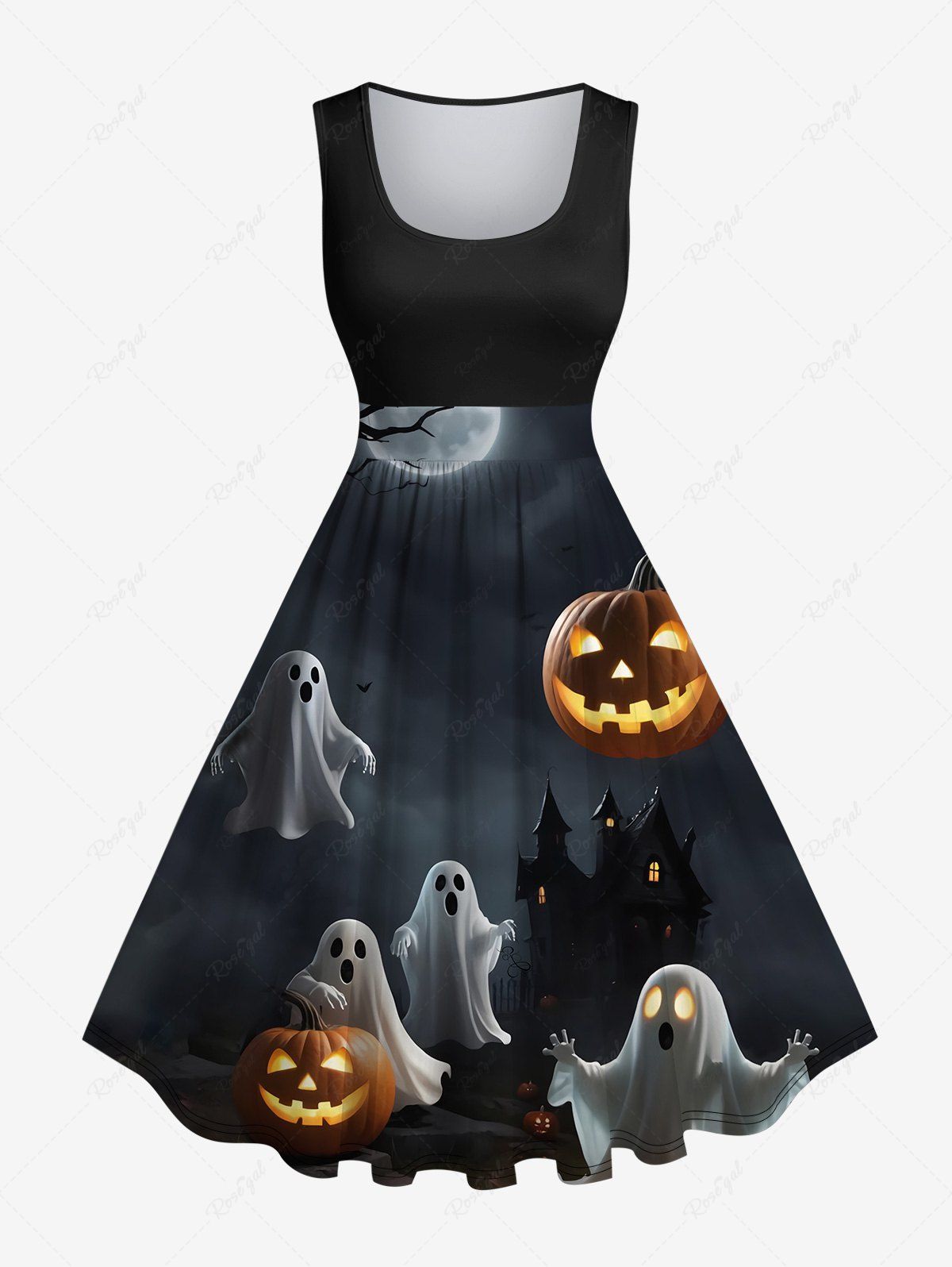 Trendy Plus Size Pumpkin Lantern Ghost Moon Tree Castle Midnight Print Halloween Costume Vintage Swing A Line Dress  