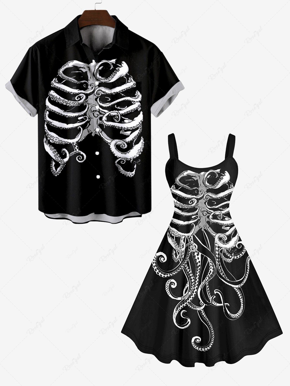 Ensemble Costume D'Halloween Imprimé Squelette Poulpe Grande Taille pour Couples Noir 