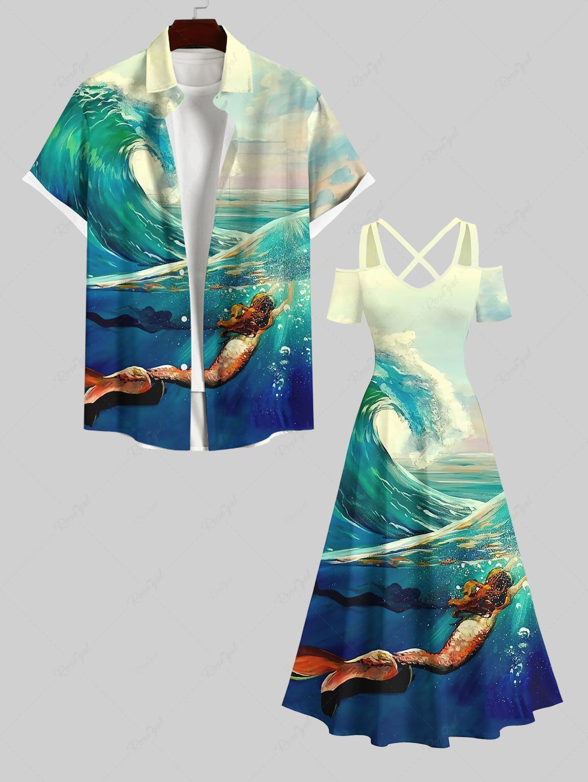 Shop Mermaid Sea Waves Ombre Sky Print Plus Size Matching Hawaii Beach Outfit For Couples  