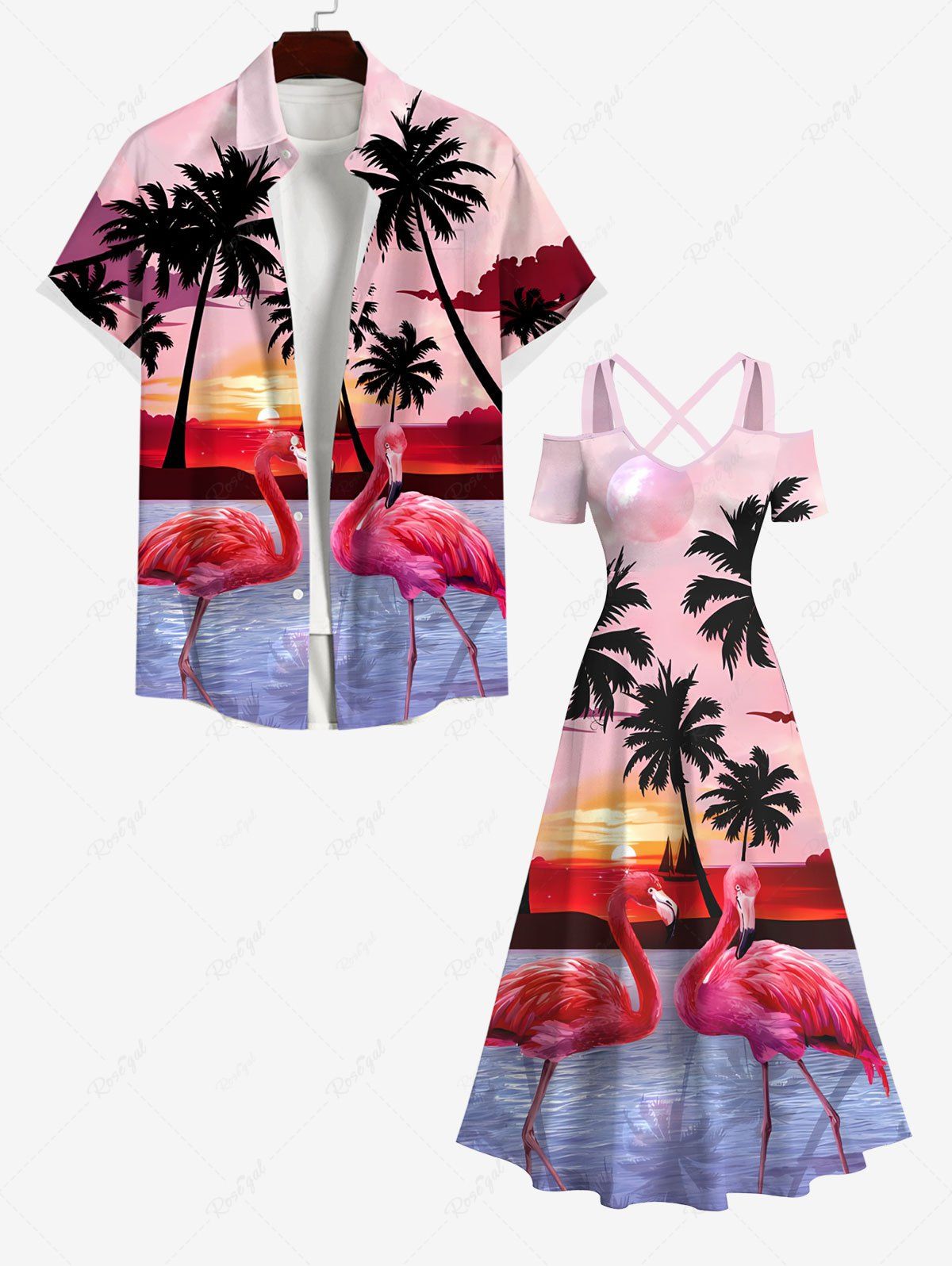 Hot Coconut Tree Sun Ombre Sky Dusk Flamingo Sea Print Plus Size Matching Hawaii Beach Outfit For Couples  