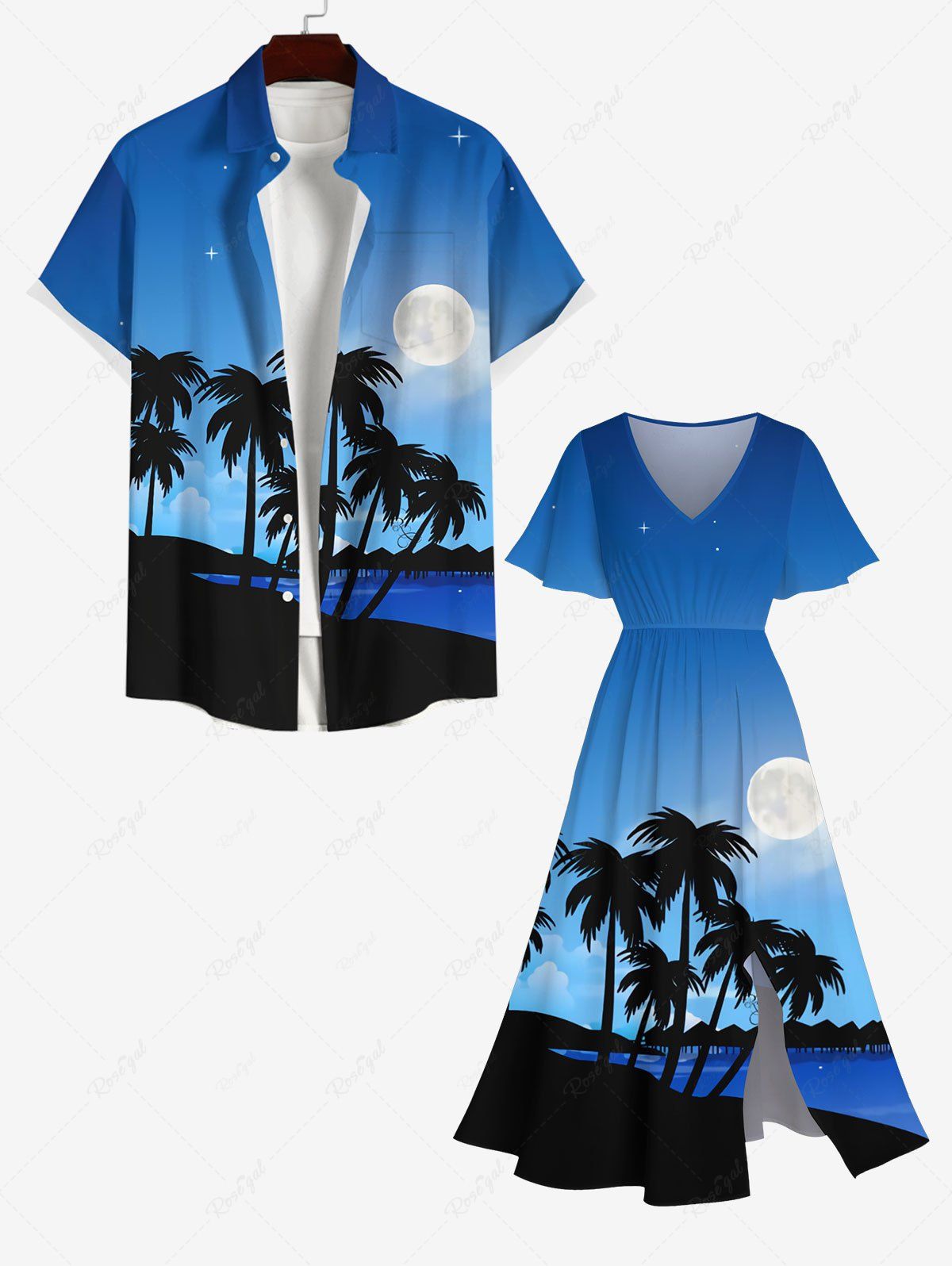 Fashion Coconut Tree Sea Beach Ombre Galaxy Moon Print Plus Size Matching Hawaii Beach Outfit For Couples  