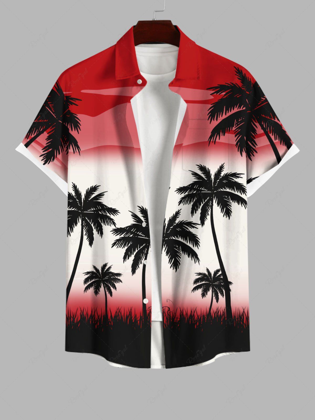 Outfit Plus Size Ombre Colorblock Coconut Tree Print Buttons Pocket Hawaii Shirt For Men  