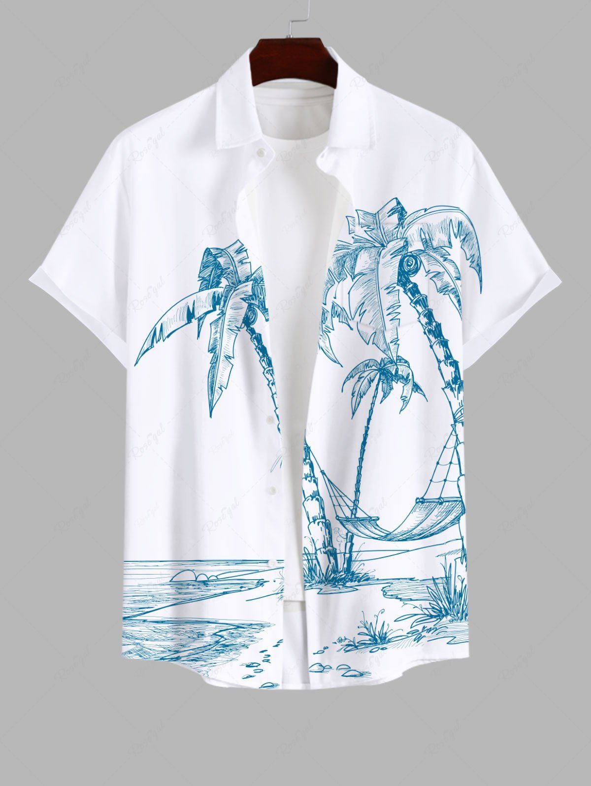 Trendy Plus Size Coconut Tree Seascape Hammock Print Buttons Pocket Hawaii Shirt For Men  