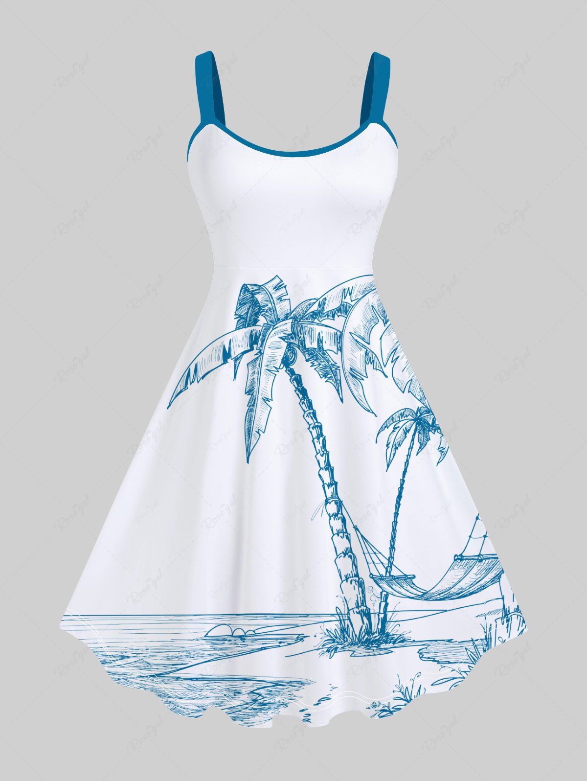 Best Plus Size Coconut Tree Seascape Hammock Print Hawaii Tank Dress  
