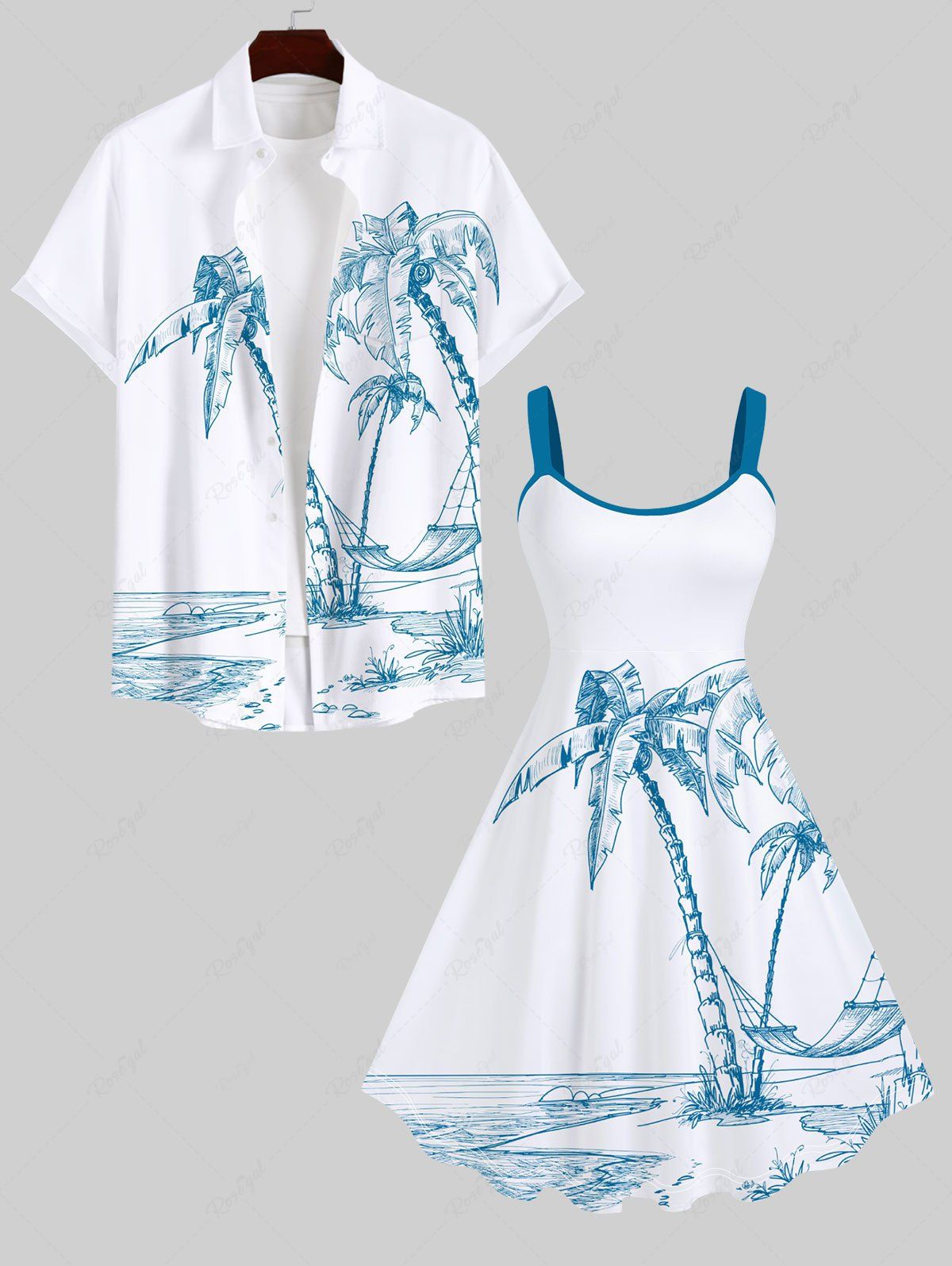 Cheap Coconut Tree Seascape Hammock Print Plus Size Matching Hawaii Beach Outfit For Couples  