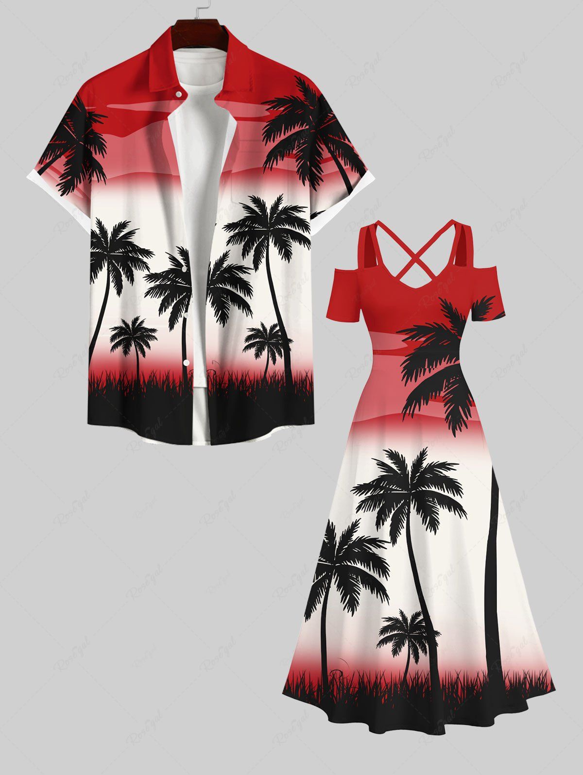 Best Ombre Colorblock Coconut Tree Print Plus Size Matching Hawaii Beach Outfit For Couples  