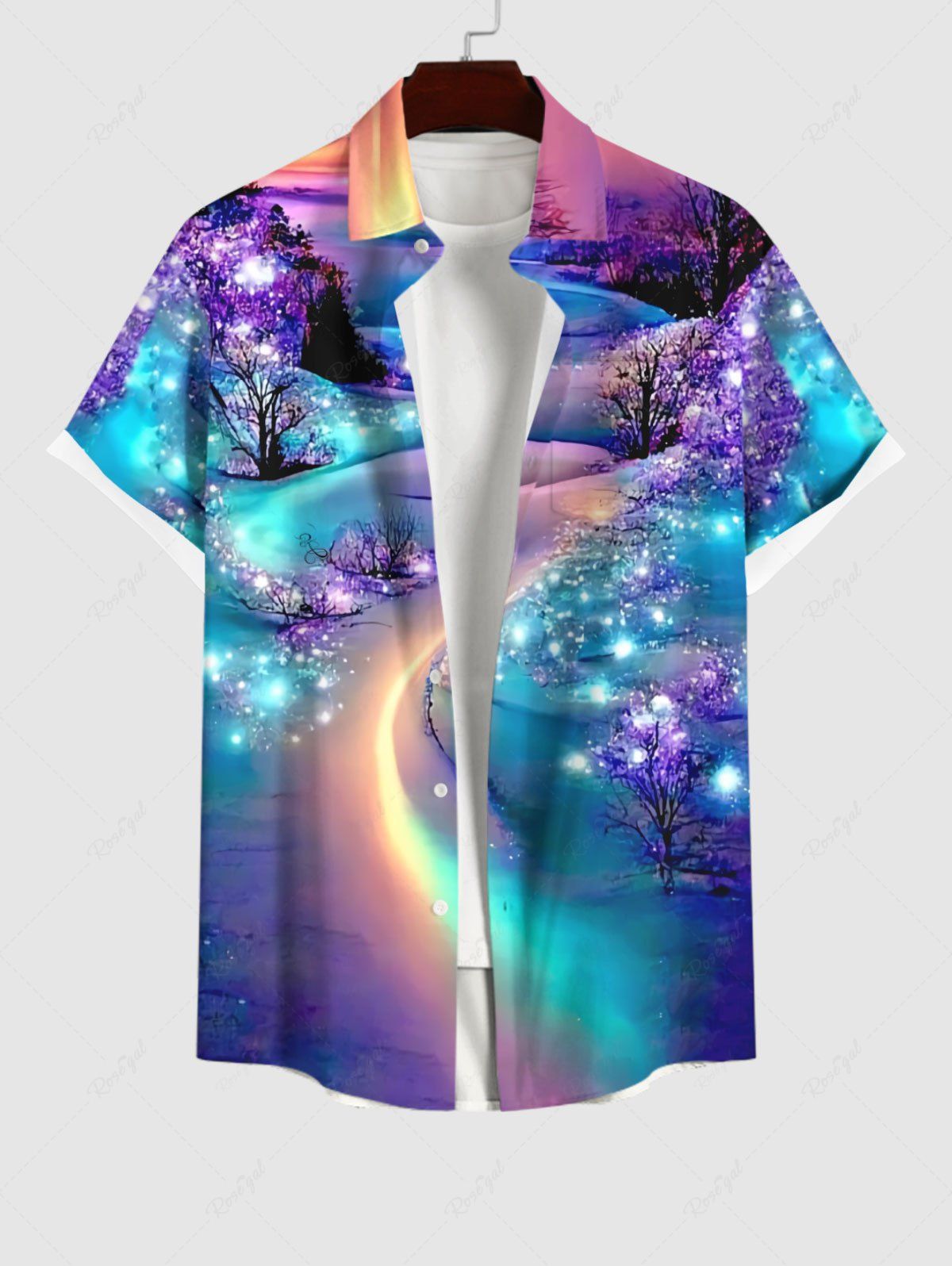 Unique Plus Size Tree Galaxy Aurora Glitter 3D Print Buttons Pocket Hawaii Shirt For Men  