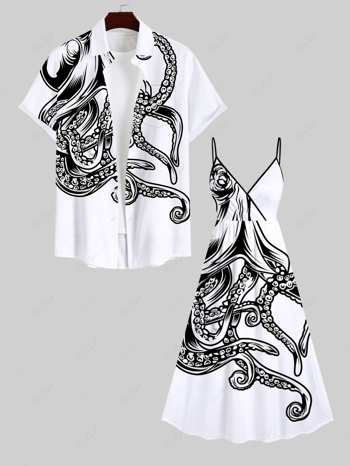 Latest Two Tone Octopus Print Plus Size Matching Beach Outfit For Couples  
